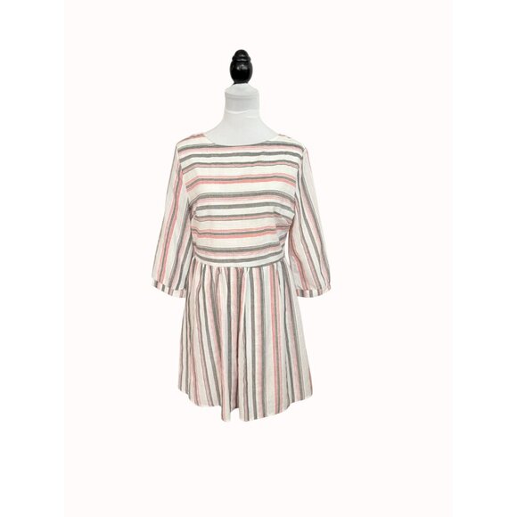 Ecowish Babydoll Pleated Dress Sz L Stripe Lightweight Linen Blend Short Length - Picture 15 of 16